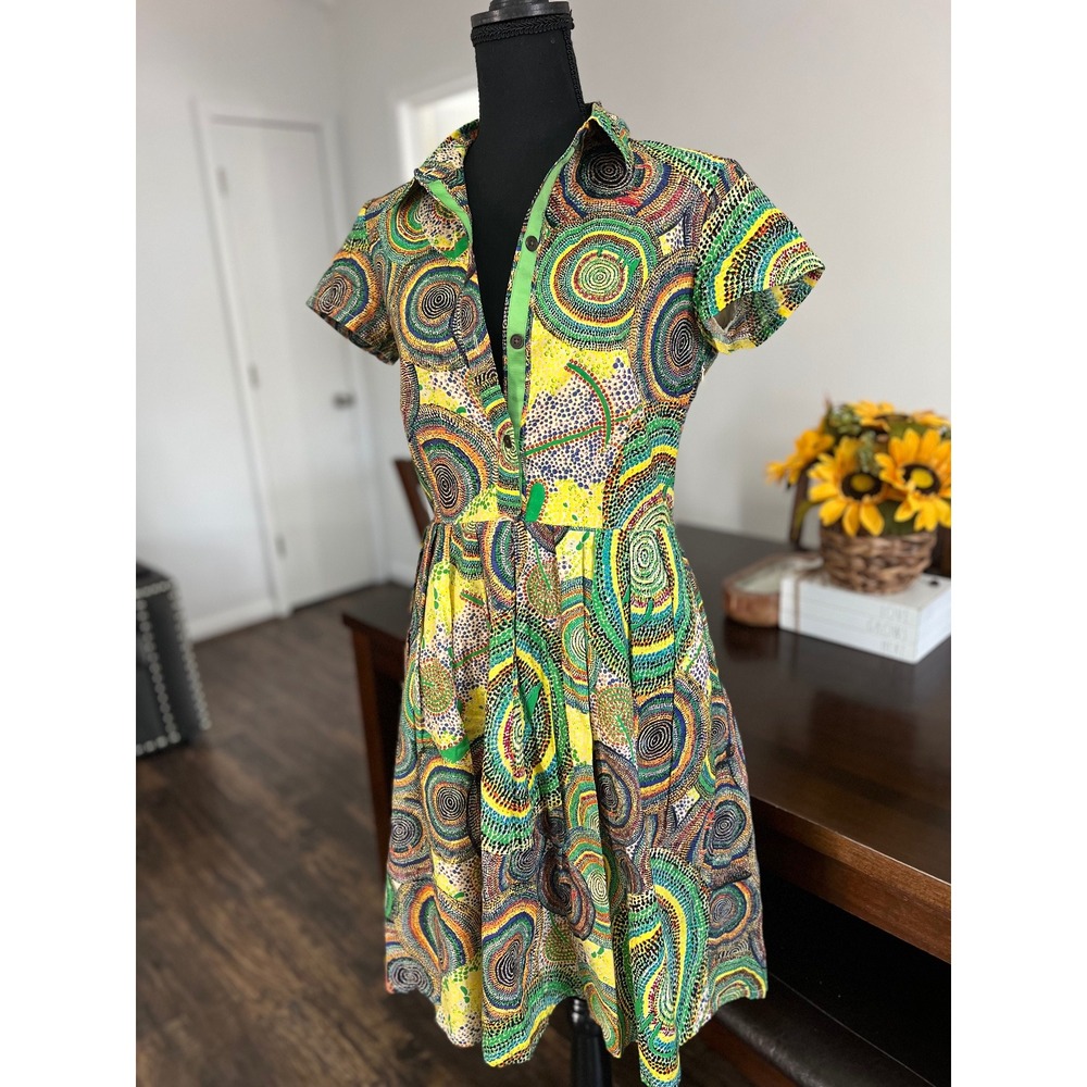 Retro swirl print Shirt Dress Mini boho‎ green multicolour Size S